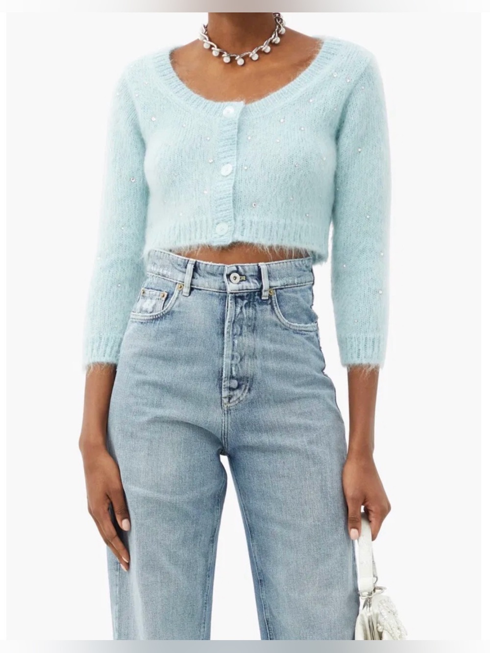 Nwt MIU MIU Crystal-Embellished Cropped Mohair-Blend Cardigan size XS 36